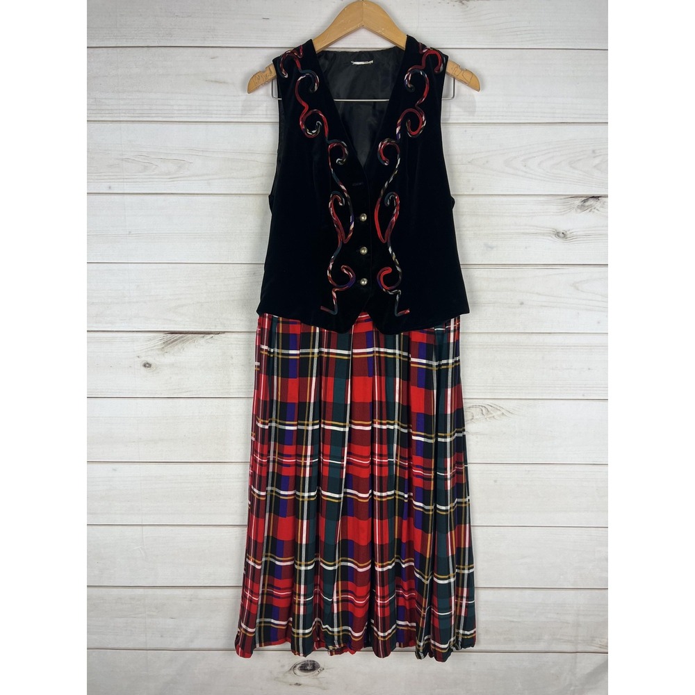 Vintage Red Tartan Plaid Maxi Dress Womens Small Black Velvet Bodice Skirt 90s